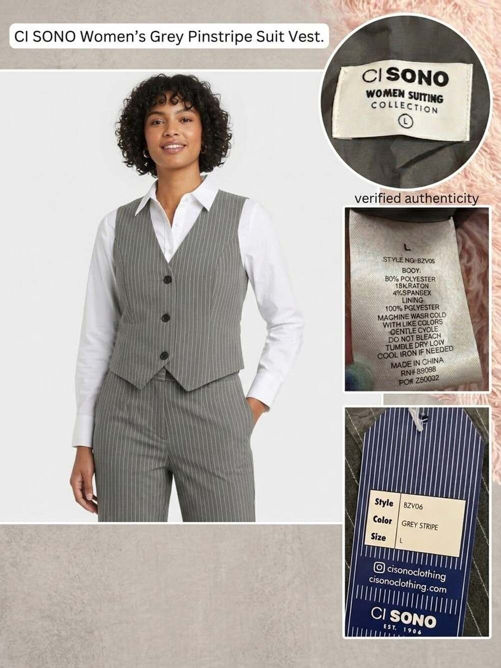 NWT CI SONO Grey Pinstripe Suit Vest Waistcoat - Size L